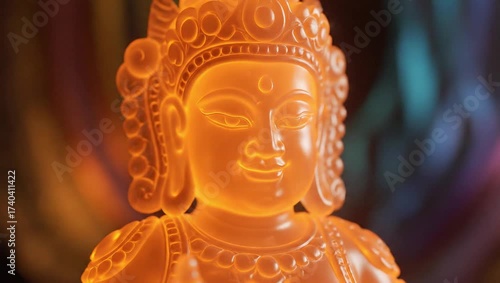 Close-up of an orange Buddha statue with intricate carvings and serene expression against a colorful blurred background.