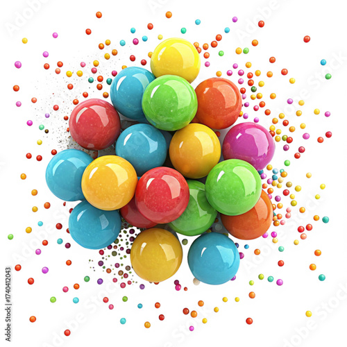 Vibrant gumballs cascade, perfect for playful designs, confectionery promotions, and cheerful backgrounds, bursting with colorful candy delight and sugary fun