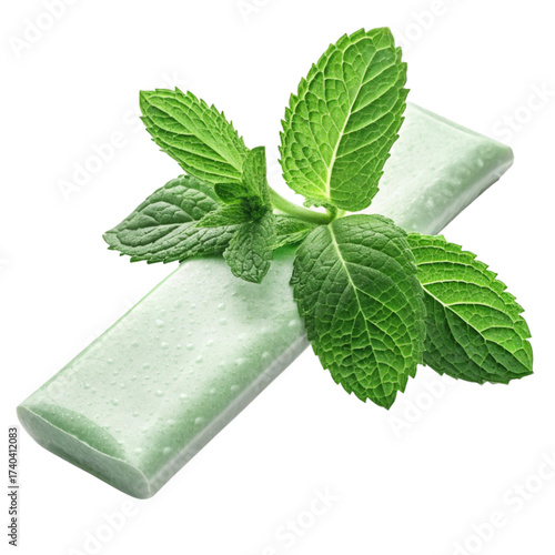 Refreshing mint chewing gum with vibrant green leaves, perfect for healthy lifestyle ads and fresh breath campaigns, a simple pleasure that awakens the senses