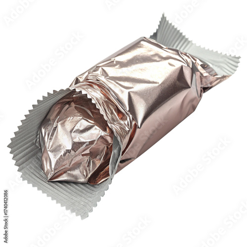 Delicious protein bar with rose gold foil wrapper, tempting treat for healthy snacking, perfect for fitness enthusiasts needing a quick energy boost