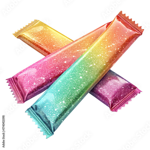 Vibrant rainbow candy sticks with sparkling glitter, perfect for eye-catching promotions, fun party favors, or colorful marketing campaigns that need a pop