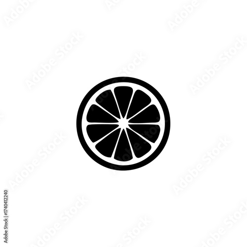A stylized black and white illustration of a citrus fruit slice, showcasing its segments and rind in a circular design.