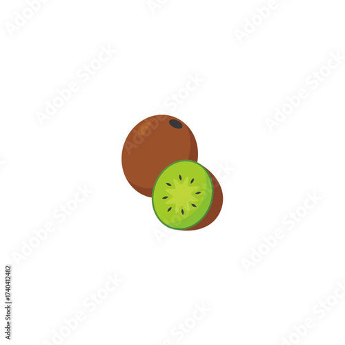 Two kiwis: one whole with brown skin and one sliced in half, revealing bright green flesh and black seeds.
