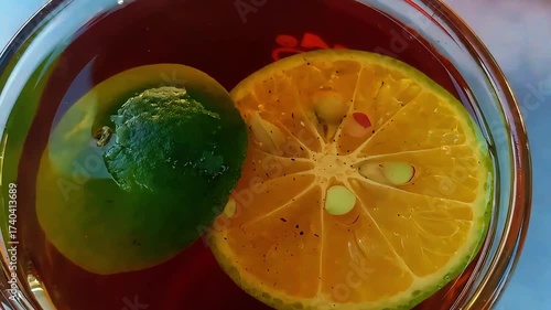 A cup of warm orange tea with a refreshing citrus aroma and a soothing golden color. The tea blends the natural sweetness of oranges with the comforting warmth of freshly brewed tea, creating a relaxi
