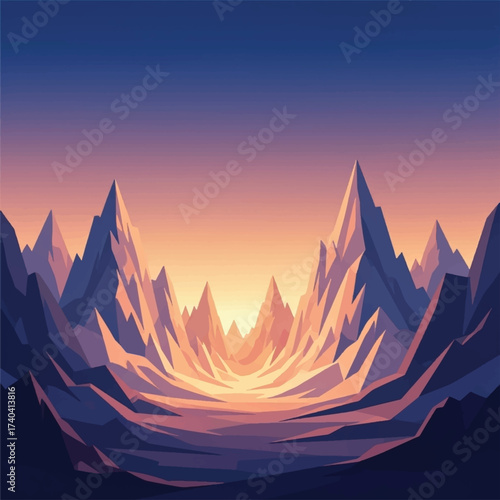 Abstract low-poly mountain valley bathed in the warm glow of a digital sunrise or sunset with a vibrant gradient sky.