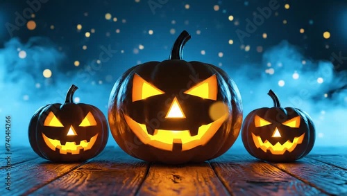Three carved jack-o-lanterns on a wooden table against a dark blue background with fog and stars