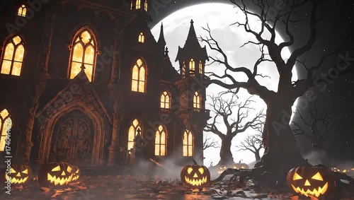 Spooky halloween scene with jack-o-lanterns in front of a haunted castle at night with a full moon