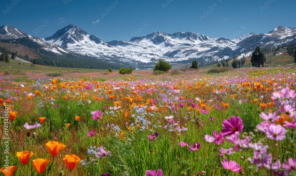 Fototapeta premium Panoramic Wildflower Meadow and Majestic Snow- Covered Mountains