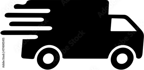 Black icon representing a moving delivery truck with motion lines, signifying fast shipping and logistics services