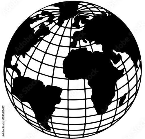 Black and white illustration of Earth with continents and gridlines, representing global connection and geography