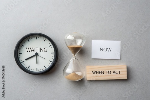 An hourglass and a clock representing waiting and NOW