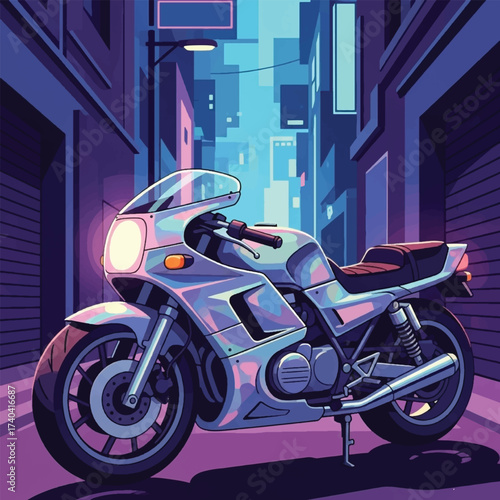 A classic sport motorcycle parked in a futuristic, neon-lit city alley at night, depicted in a vibrant, retro art style.