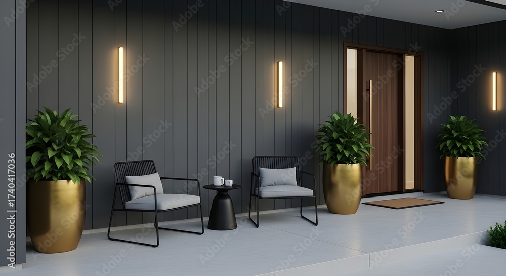 Fototapeta premium Stylish modern entryway with comfortable seating, decorative plants, and elegant lighting