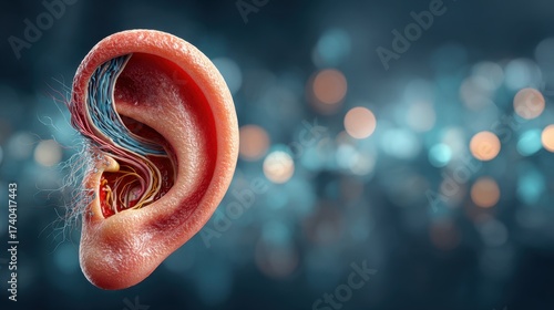 A detailed 3D model of a human ear showing internal anatomy