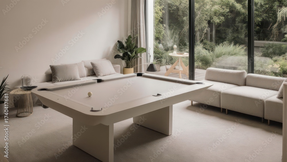 Fototapeta premium Bright Living Room with Modern Pool Table and Natural Light.