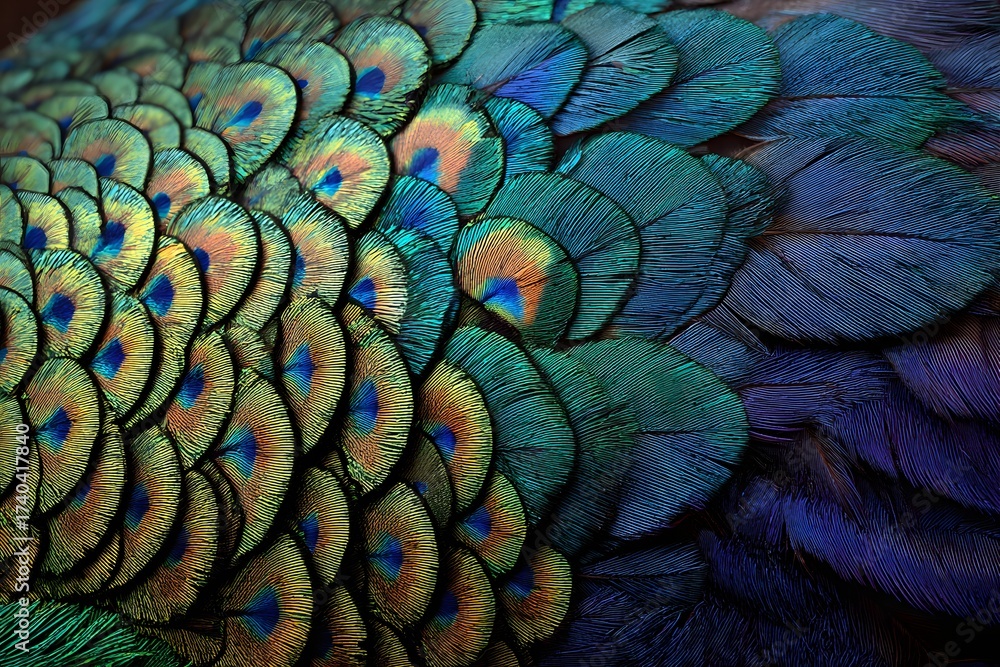 Obraz premium Close-up texture of layered peacock tail feathers, showing vibrant iridescent eye-spots and detailed barbs, contrast on dark background.