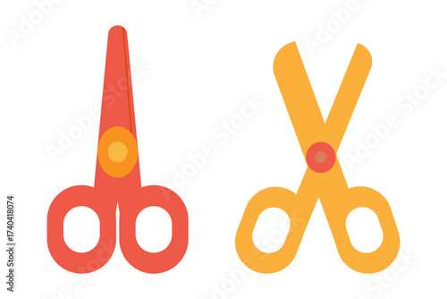 Opened and closed scissors isolated on a white background. Colored icon, vector illustration in a flat style. Yellow and orange color child scissors.