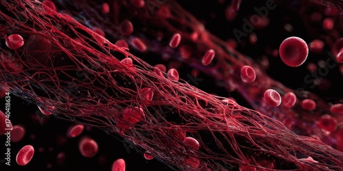 Microscopic view of vibrant red blood cells in circulatory system, highlighting blood flow, health, and cellular structure for medical research and scientific analysis