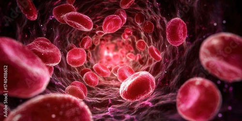 Detailed microscopic view of blood cells flowing through bloodstream highlighting cellular structure, circulation, and health indicators in vibrant red and pink tones