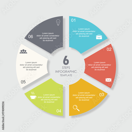 Vector infographic label design with a circle infographic template design and 6 options or steps. Can be used for process diagrams, presentations, workflow layouts, banners, flowcharts, and infographi