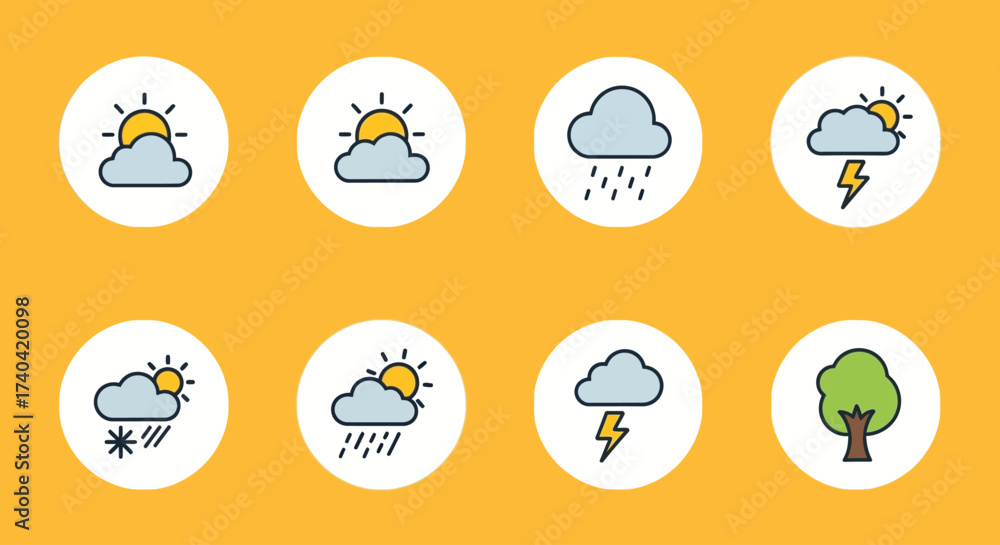 Fototapeta premium A collection of colorful weather icons depicting various atmospheric conditions, presented in circular designs.