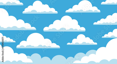 Cartoon illustration of fluffy white clouds floating in a bright blue sky background.