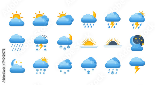 Collection of weather forecast icons depicting sunny, cloudy, rainy, snowy, and nighttime conditions with sun, moon, stars, and lightning.