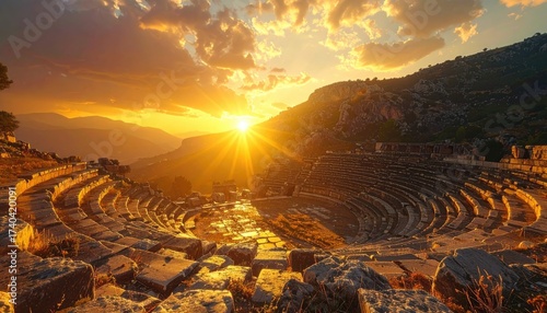Golden Sunset Over Ancient Stone Amphitheater Ruins in Mountainous Landscape with Glowing Light and Dramatic Sky