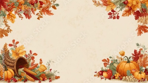 Autumnal harvest border with pumpkins cornucopia and fall foliage on a textured cream background
