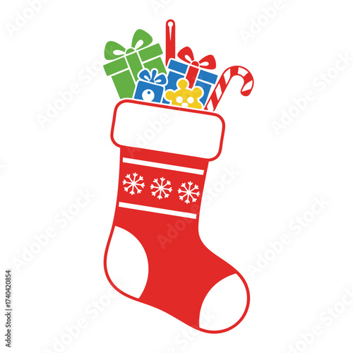 red Christmas stocking decorated with white snowflakes and filled with candy and gifts