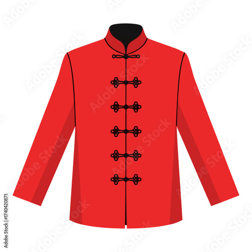 Red Chinese traditional jacket with black button details
