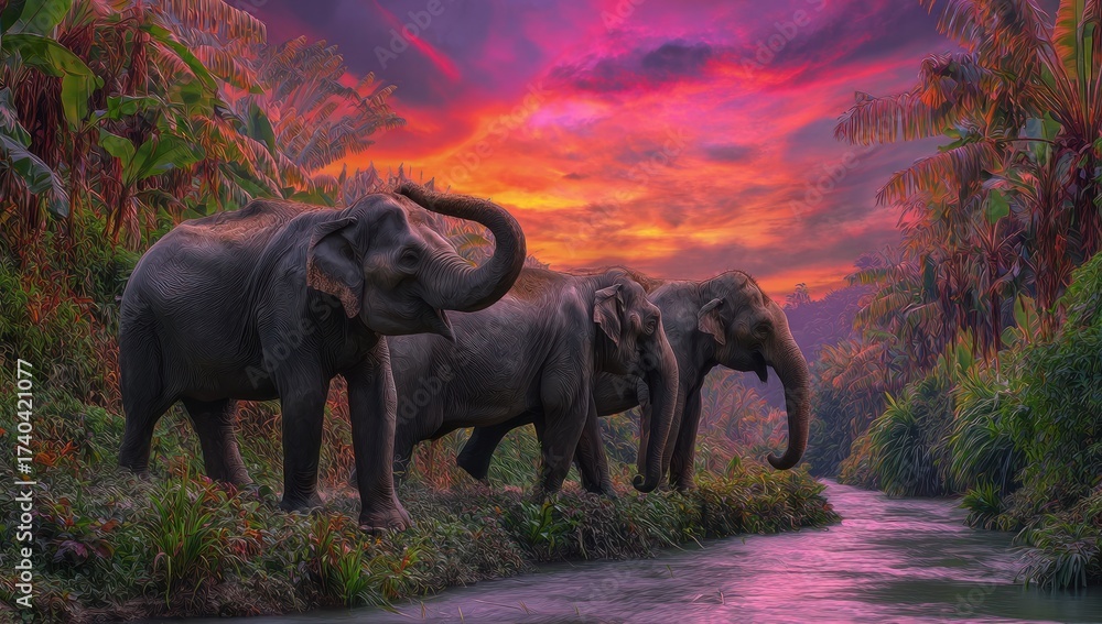 Fototapeta premium Three elephants walk alongside a river within a lush tropical rainforest, against sunset
