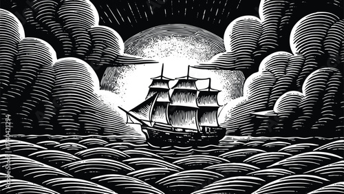 Dramatic woodcut style tall ship sailing on open sea under a radiant sun, classic maritime adventure illustration with stylized waves and clouds, evoking vintage travel