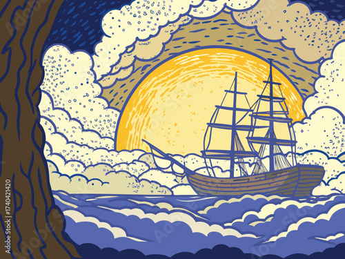 Vintage sailing ship navigates ocean waters under a vibrant sun, creating a whimsical nautical scene evoking adventure and exploration in stylized art
