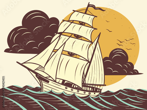 Vintage sailing ship against a golden sunset, a classic nautical adventure on the high seas, perfect for travel, exploration, and timeless storytelling