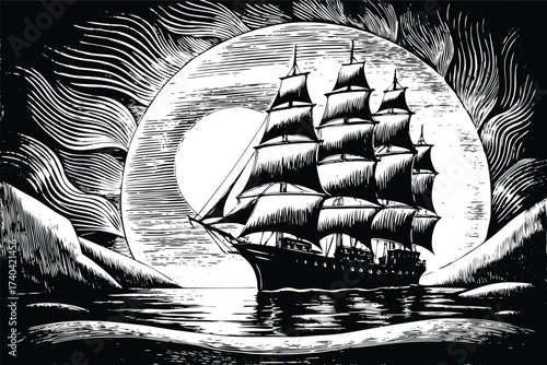 Majestic sailing ship silhouetted against rising sun, evoking adventure and nautical history in a bold monochrome woodcut style illustration