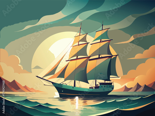 Stunning galleon sailing toward the sun, a majestic maritime adventure evoking freedom, exploration, and timeless beauty, perfect for travel and nautical themes