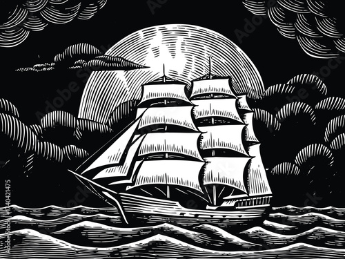Majestic tall ship sailing on the high seas under a full moon, evoking a sense of adventure and nautical history with classic woodcut style illustration