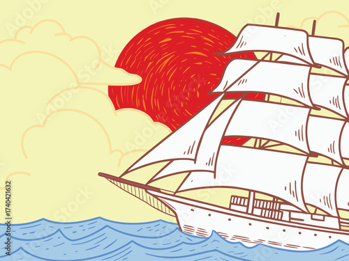 Majestic sailing ship gliding across the ocean under a radiant sunset, evoking adventure and timeless nautical charm, ideal for travel and historical themes