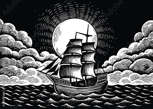 Vintage nautical woodcut of a majestic sailing ship beneath a bright moon amidst swirling clouds, evoking adventure and timeless maritime tales