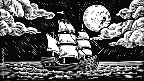 Dramatic sailing ship at night under moonlight, stylized antique woodcut, nautical adventure on open seas, vintage charm, evokes exploration and maritime history