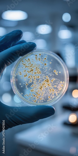 Professional laboratory science research featuring petri dish with bacterial colonies, advanced biotechnology equipment, and scientific analysis in modern medical and microbiology labs