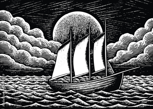 Dramatic sailboat sailing on the ocean under a full moon with stormy clouds, evoking adventure and vintage maritime charm in this unique nautical scene