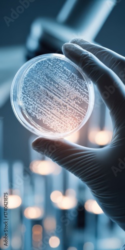 Close-up of a scientist holding a petri dish in a modern biotechnology laboratory with scientific equipment, emphasizing research, innovation, and medical discovery
