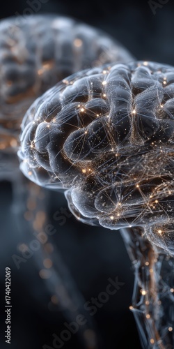 Futuristic digital illustration of human brain with neural network connections showcasing advanced artificial intelligence, technology innovation, and modern science concepts