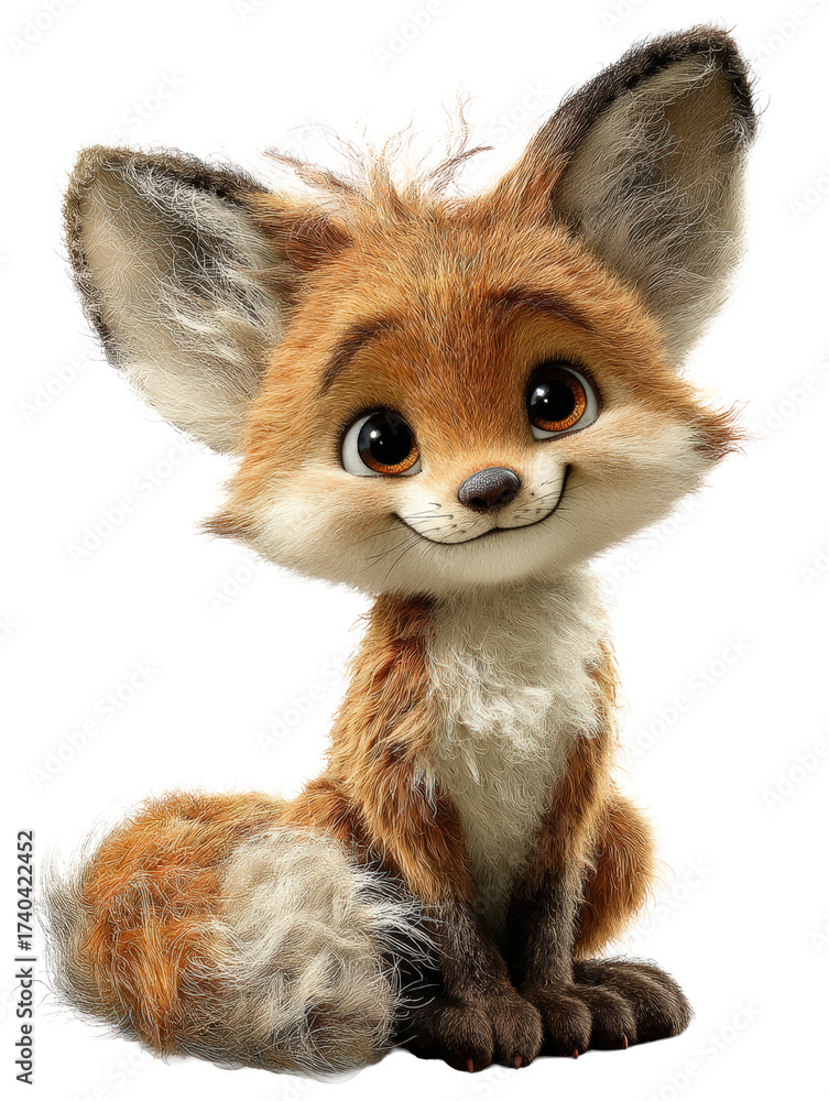 Obraz premium Cute cartoon fox cub sitting and smiling, isolated on transparent background