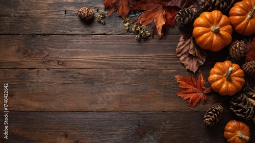 Rustic wooden table surface adorned with a festive autumn harvest arrangement of mini pumpkins and pine cones