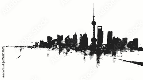 Shanghai skyline silhouette in dramatic black brush ink grunge painting