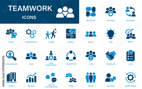 Teamwork icon set. Includes isolated vector icons of leader, solution, idea, team development, group,...