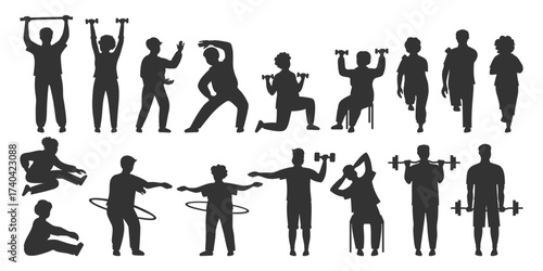 Older people play sports silhouette set. Elderly characters old men, women, senor senoras hobbies. Adult seniors running fitness exercises, gymnastics gym cardio yoga class stretching jogging vector